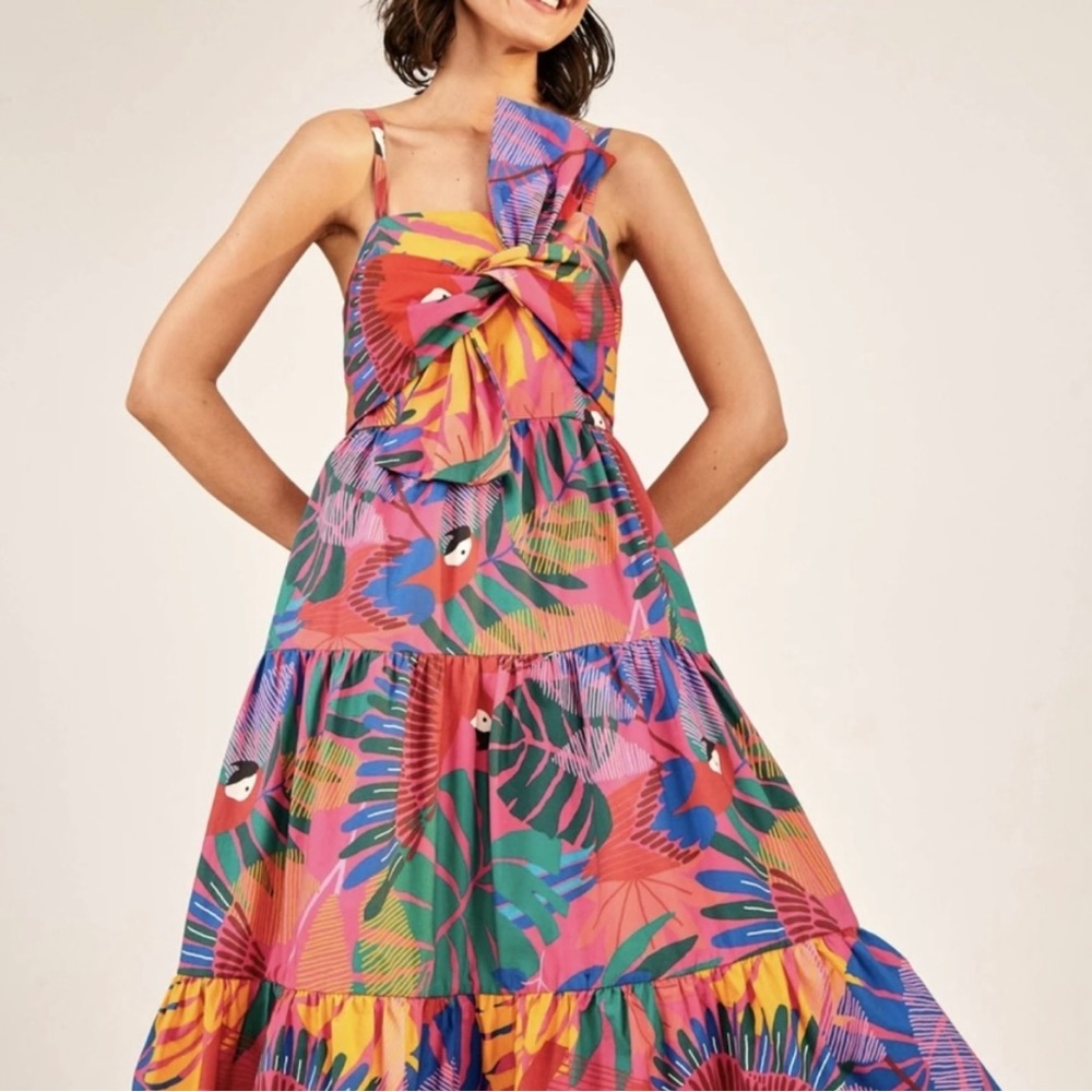 Farm Rio Macaw Bow Tie Midi Dress